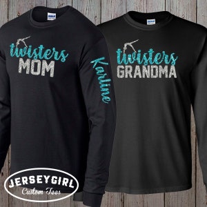 Custom Long-Sleeve Gymnastics Mom Bling Shirt with Names on Sleeves, Personalized Long Sleeved Glitter Gymnastics Shirt, Gymnastics Warm-Ups
