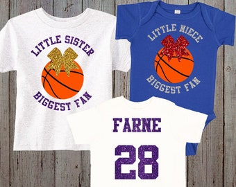 Glitter Custom Little Sister Biggest Fan Basketball Baby Bodysuit, Little Cousin Biggest Fan Basketball Toddler Shirt, Bling Basketball Wear