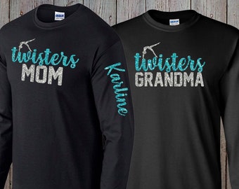 Custom Long-Sleeve Gymnastics Mom Bling Shirt with Names on Sleeves, Personalized Long Sleeved Glitter Gymnastics Shirt, Gymnastics Warm-Ups