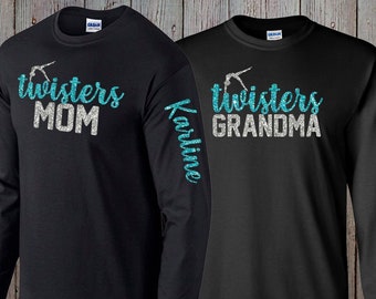 Custom Glitter Long-Sleeve Gymnastics Mom Shirt with Gymnast's Name