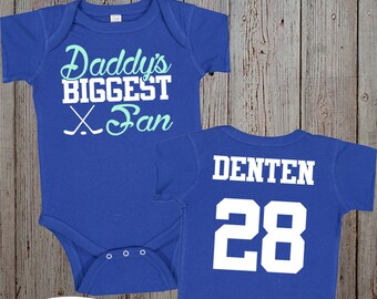 Daddy's Biggest Fan Hockey Baby Bodysuit / Toddler Shirt with Name & Number