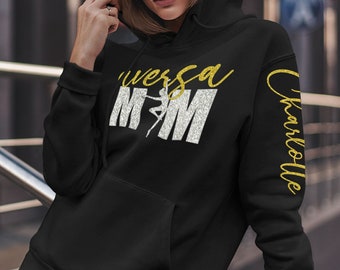 Custom Dance Mom Sweatshirt with Dancer’s Name on Sleeve | personalized glitter dance mom hoodie