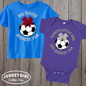Glitter Custom Little Sister Biggest Fan Soccer Baby Bodysuit, Little Cousin Biggest Fan Soccer Toddler Shirt, Bling Infant Soccer T-Shirts image 4
