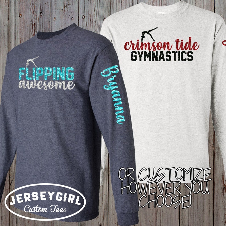 Custom Long-Sleeve Gymnastics Mom Bling Shirt with Names on Sleeves, Personalized Long Sleeved Glitter Gymnastics Shirt, Gymnastics Warm-Ups image 5