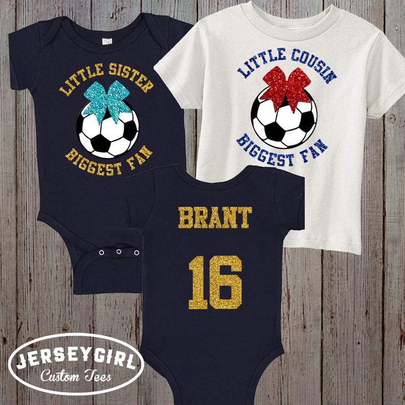 Glitter Custom Little Sister Biggest Fan Soccer Baby Bodysuit, Little Cousin Biggest Fan Soccer Toddler Shirt, Bling Infant Soccer T-Shirts image 1