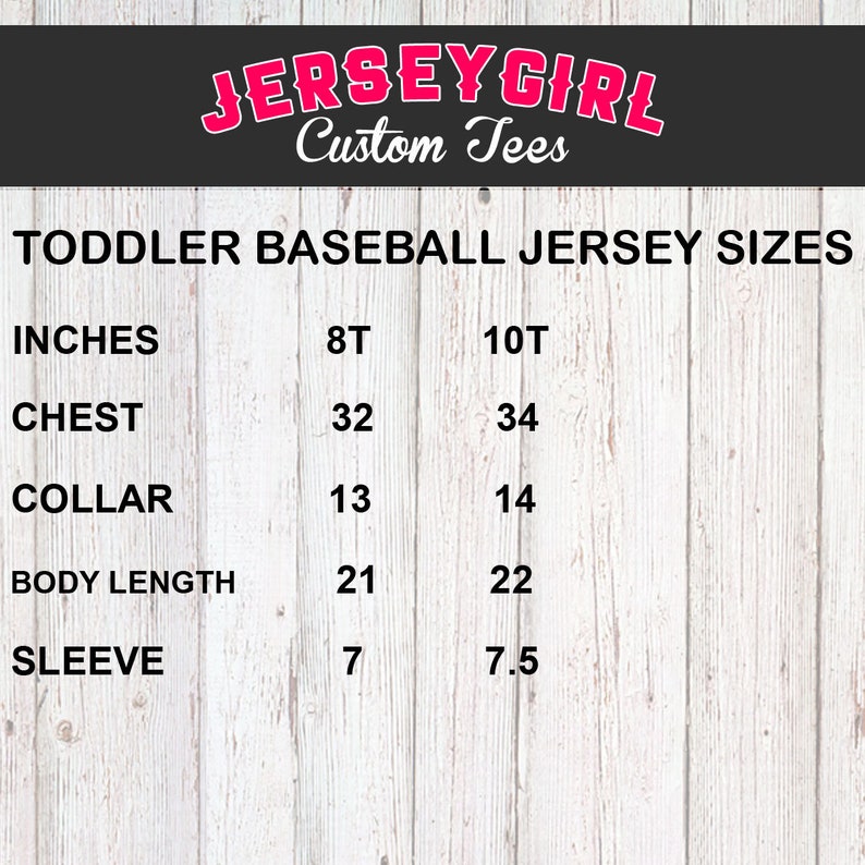 Puede incluir: Un gr&aacute;fico que muestra las tallas de jersey de b&eacute;isbol para ni&ntilde;os peque&ntilde;os en pulgadas. El gr&aacute;fico enumera las medidas de pecho, cuello, largo del cuerpo y manga para las tallas 8T y 10T.