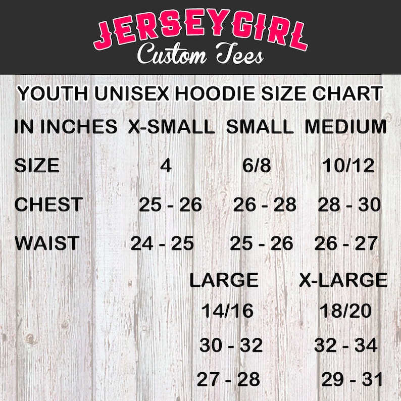 May include: Youth unisex hoodie size chart in inches. The chart shows chest and waist measurements for sizes X-Small to X-Large.