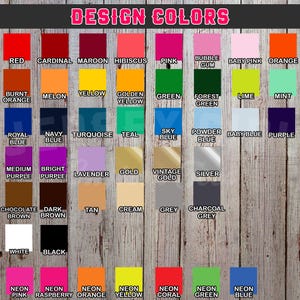 May include: A chart of color swatches with names for each color. The colors include red, cardinal, maroon, hibiscus, pink, bubble gum, baby pink, orange, burnt orange, melon, yellow, golden yellow, green, forest green, lime, mint, royal blue, navy blue, turquoise, teal, sky blue, powder blue, baby blue, purple, medium purple, bright purple, lavender, gold, vintage gold, silver, chocolate brown, dark brown, tan, cream, grey, charcoal grey, white, black, neon pink, neon raspberry, neon orange, neon yellow, neon coral, neon green, neon blue.