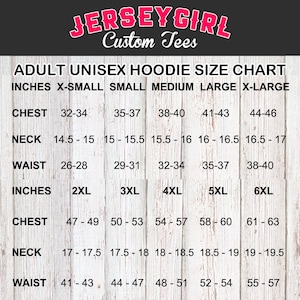 May include: Unisex hoodie size chart with measurements in inches for chest, neck, and waist. Sizes range from X-Small to 6XL.