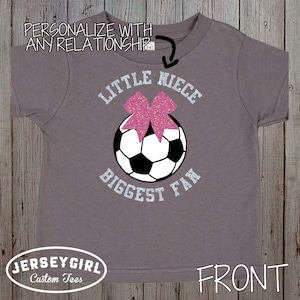 Glitter Custom Little Sister Biggest Fan Soccer Baby Bodysuit, Little Cousin Biggest Fan Soccer Toddler Shirt, Bling Infant Soccer T-Shirts image 2