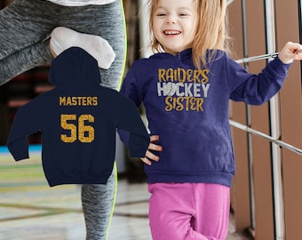 Custom Hockey Sister Toddler Hoodie with Name & Number, Glitter Hockey Cousin Sweatshirt, Personalized Hockey Niece Hoodie