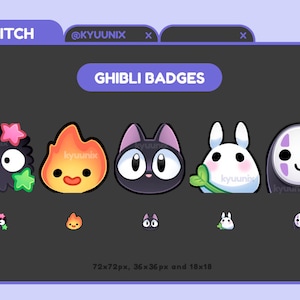 May include: Five colorful cartoon badges featuring characters from Studio Ghibli films. The badges are in different sizes, with the largest being 72x72 pixels, the medium being 36x36 pixels, and the smallest being 18x18 pixels. The characters include Totoro, No Face, Catbus, Calcifer, and a black cat.