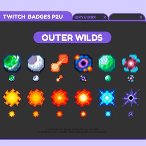 Puede incluir: Un conjunto de 12 insignias de Twitch de arte de píxeles que representan planetas, estrellas y otras imágenes con temática espacial. Las insignias son de varios colores, incluidos el azul, el verde, el rojo, el naranja y el morado. El texto "OUTER WILDS" se muestra en la parte superior de la imagen.