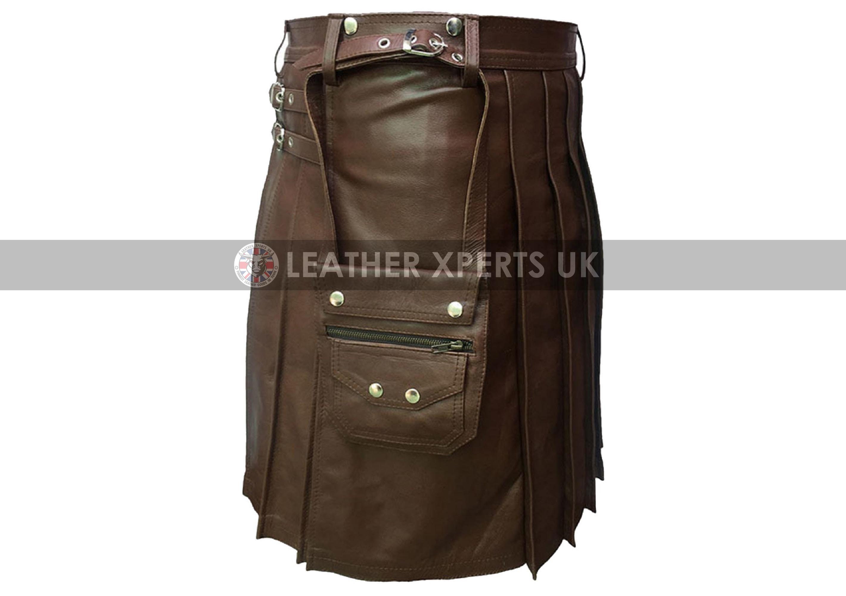 Image of Mens Brown Pu Leather Kilt With Flat Front & Sporran - Handmade Classic Roman Gift For Him Hand Crafted Faux Gladiator