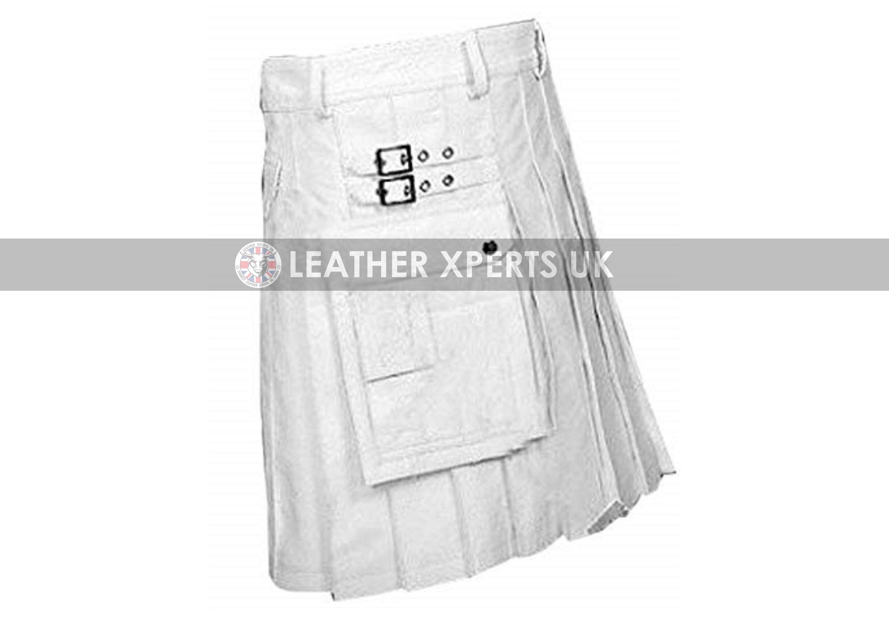 Image of Mens White Pu Leather Kilt With Flat Front & Cargo Pocket - Handmade Roman Gift For Him Hand Crafted Faux Wedding