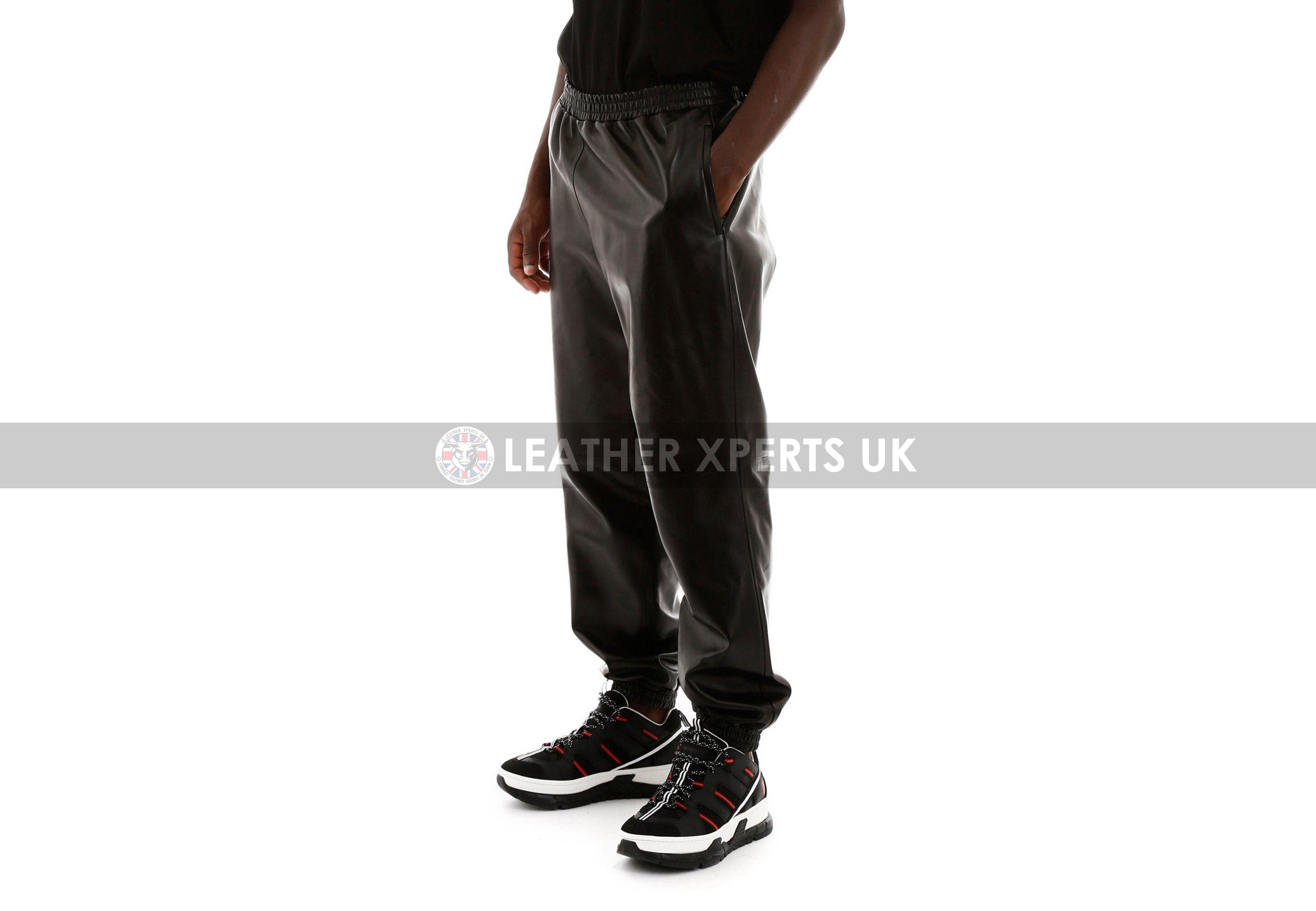 Image of Mens Black Faux Leather Trousers - Handmade Jogging Gift Casual Pants Hand Crafted Pu Loose