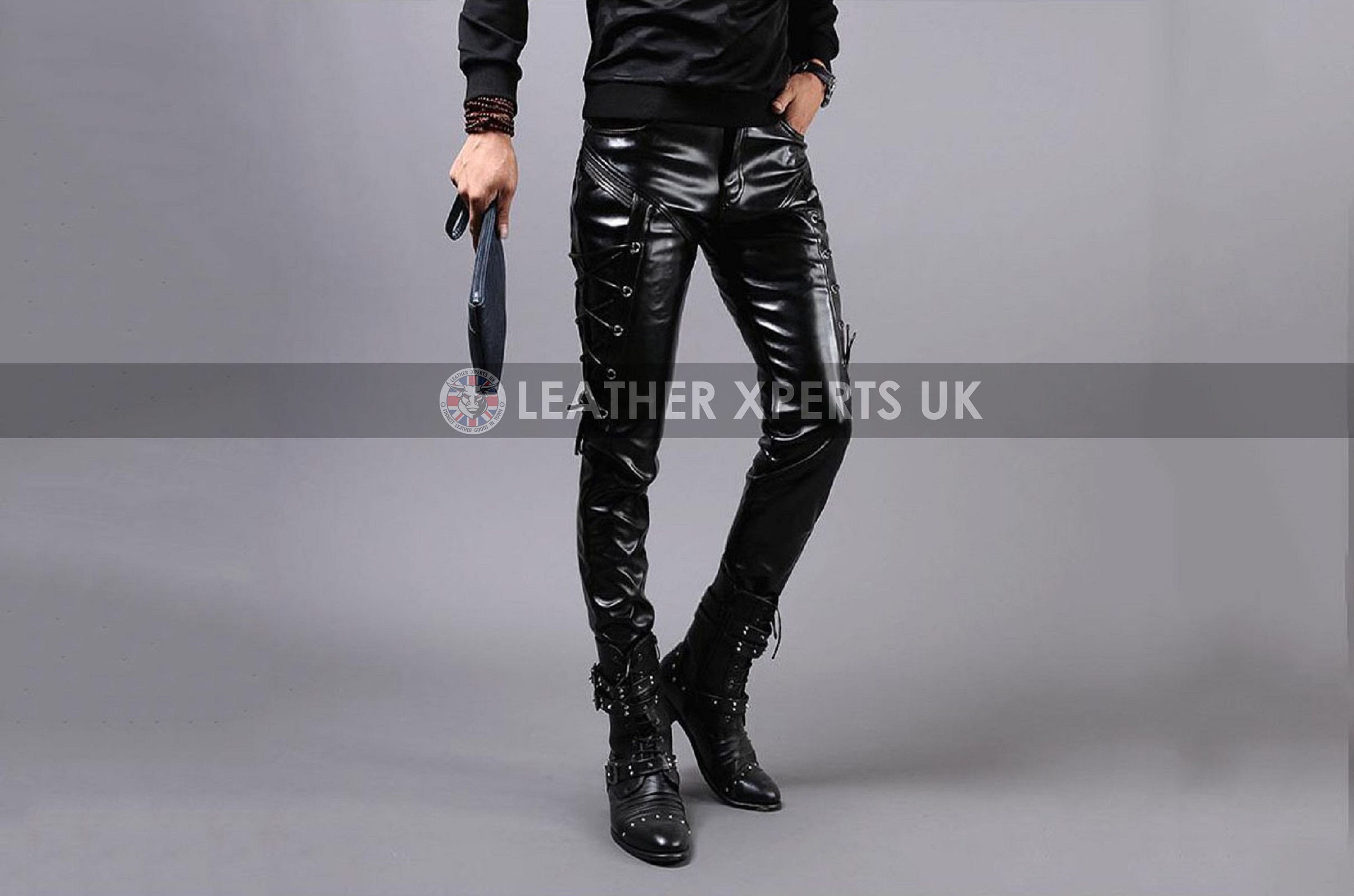 Image of Mens Pu Leather Lace Up Trousers - Motorcycle Pants Gift For Him Side Laces Party Handmade Black Biker