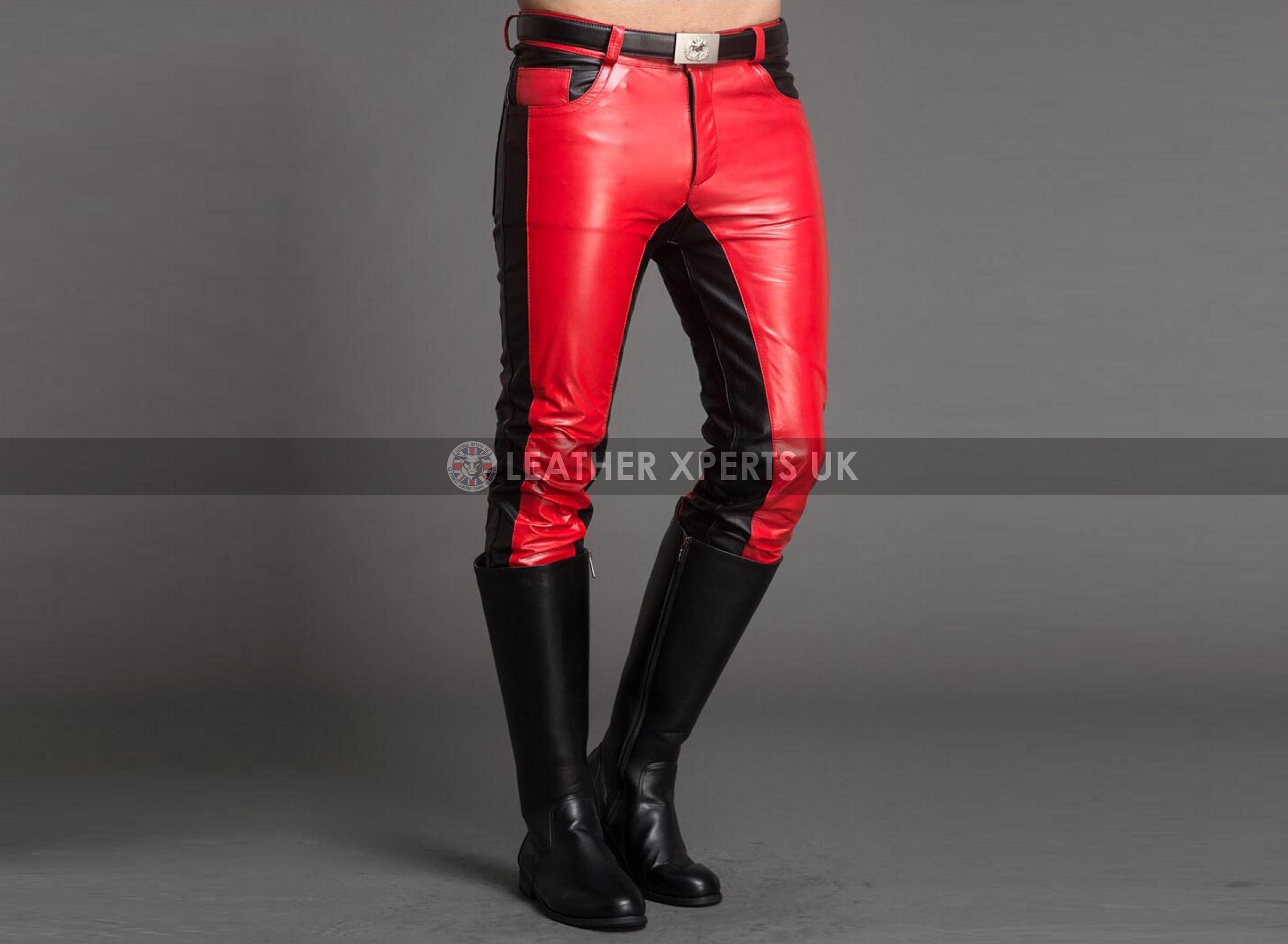 Image of Mens Pu Slim Fit Dual Color Leather Biker Pants - Black & Red Motorcycle Trouser Handmade