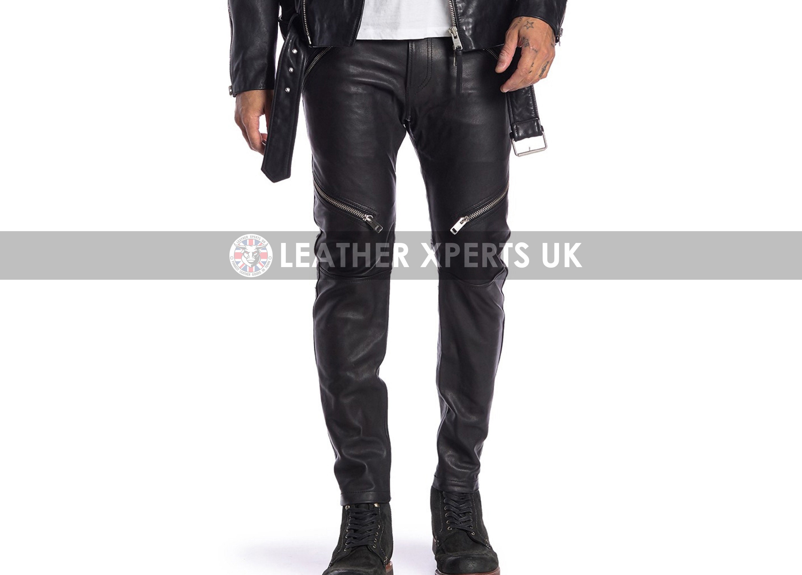 Image of Mens Pu Leather Handmade Biker Pants - Black Motorcycle Trousers Gift For Him Faux Slim Fit Party