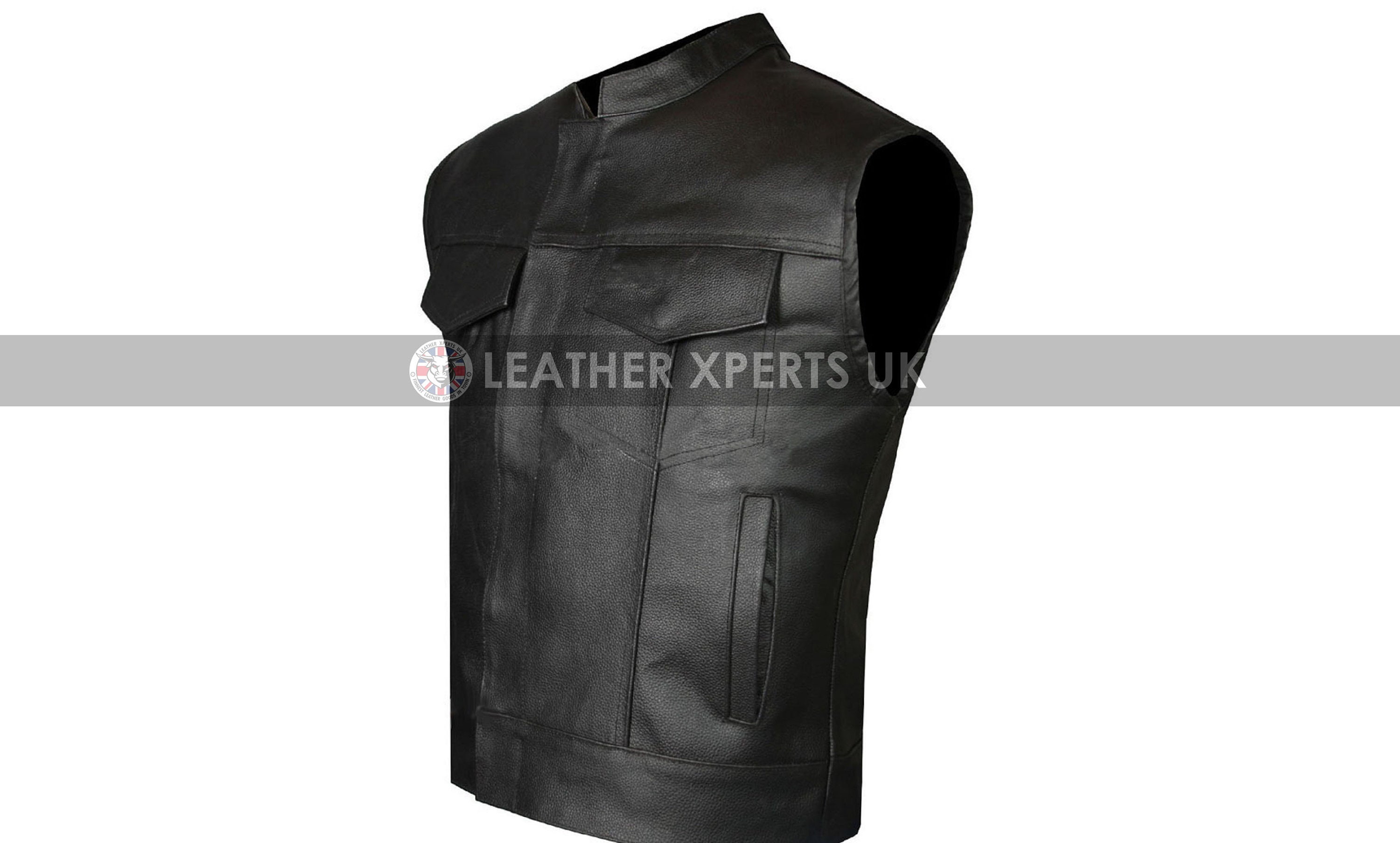Image of Mens Faux Leather Zipper Motorcycle Vest - Hand Made Biker Motorbike Gift For Him Band Collar