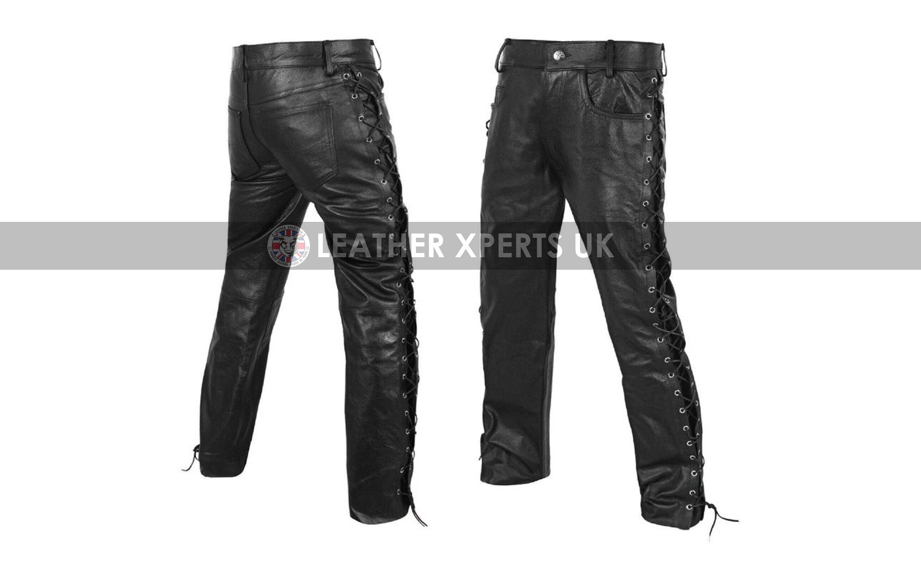 Image of Side Laces Mens Faux Leather Motorcycle Pants - Funky Trouser Gift For Him Cosplay Party Handmade Biker Pants