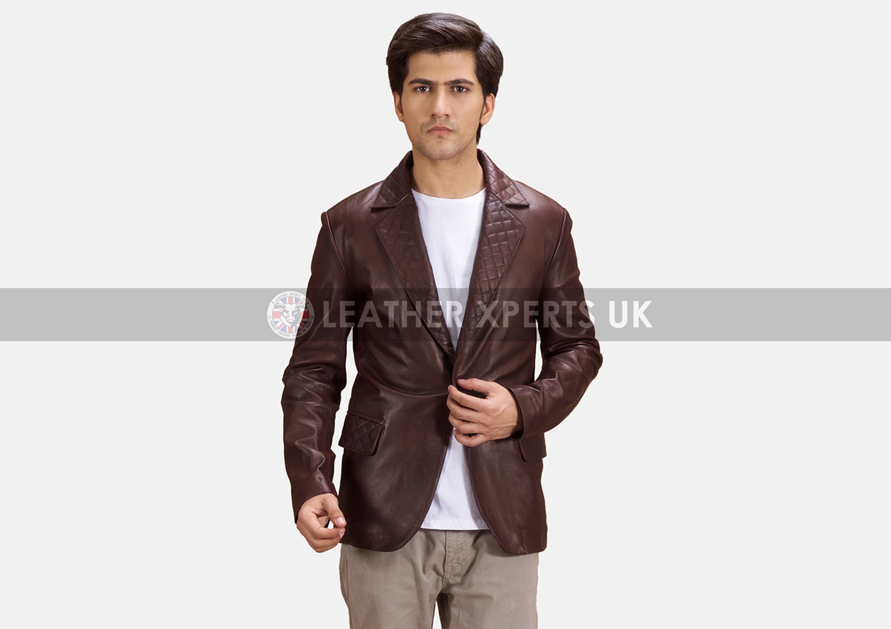 Image of Mens Faux Leather Blazer Coat - Hand Crafted Single Button Brown Wedding Gift For Him Handmade Pu
