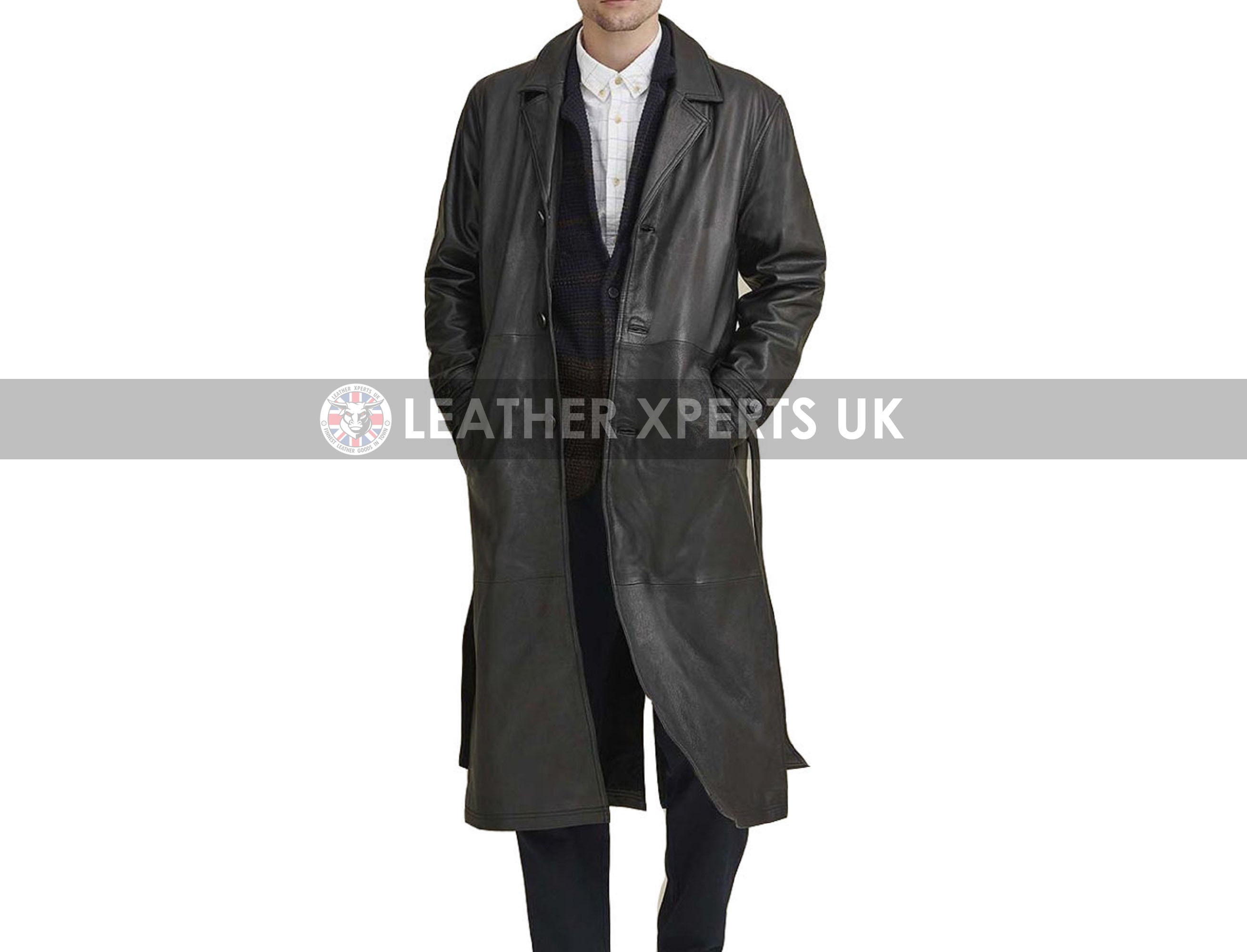 Image of Mens Faux Leather Long Coat - Hand Crafted Belted Black Full Length Trench Gift For Him Handmade Pu Overcoat