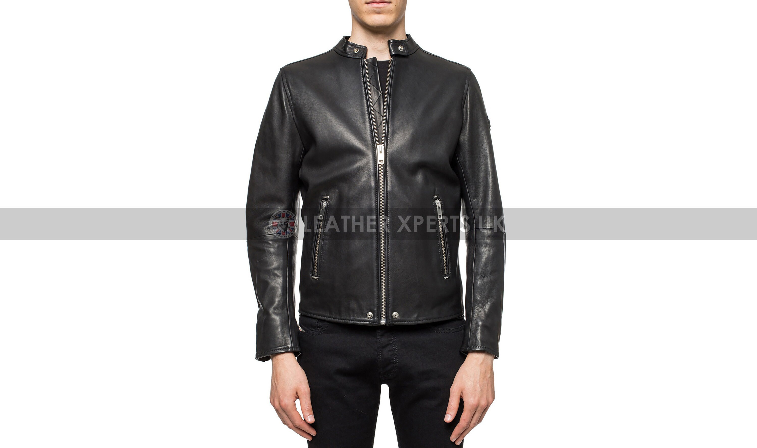 Image of Mens Pu Leather Biker Jacket - Hand Made Band Collar Perfecto Gift For Men Motorcycle Brando