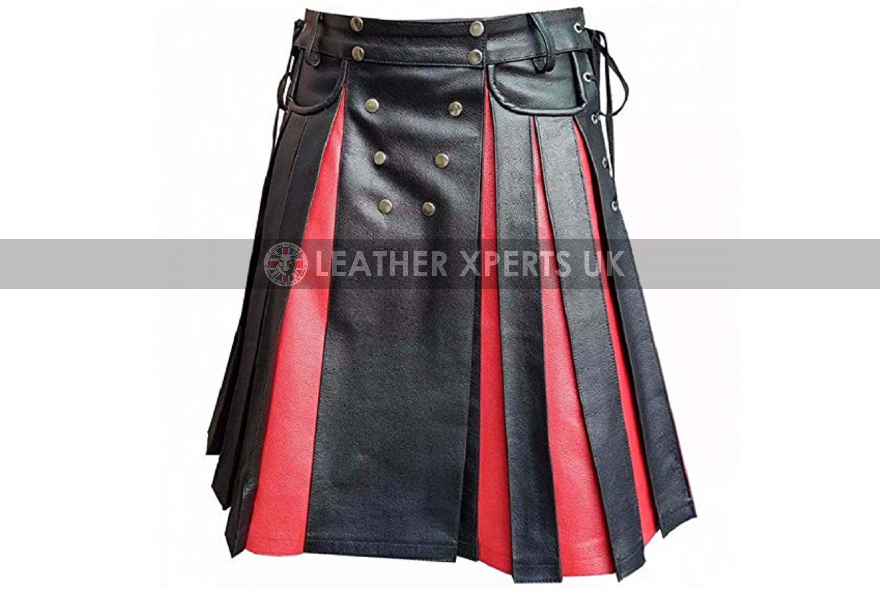 Image of Mens Black & Red Pu Leather Wrap Style Flat Front Kilt - Hand Made Roman Gift For Him Original Pleated Faux