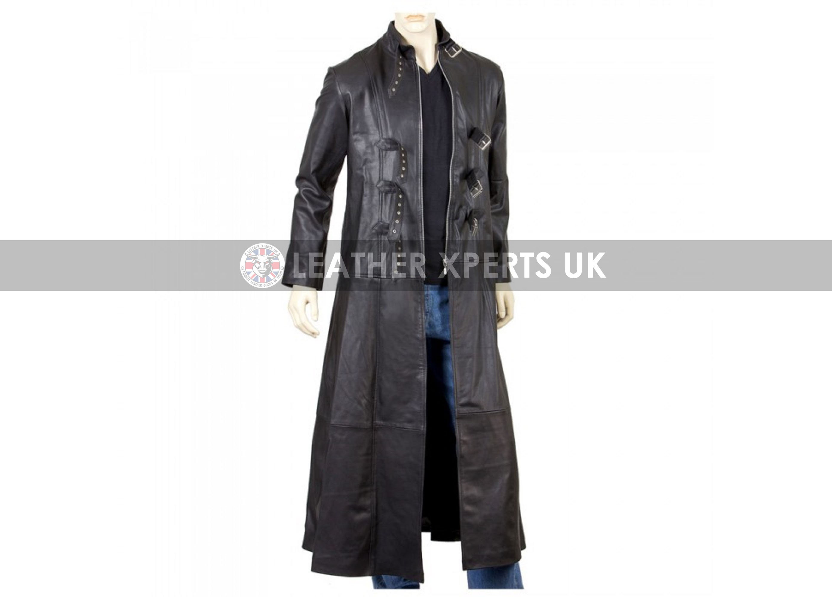 Image of Mens Faux Leather Gothic Long Coat - Hand Crafted Steampunk Outwear Jacket Made Pu Full Length Trench Costume