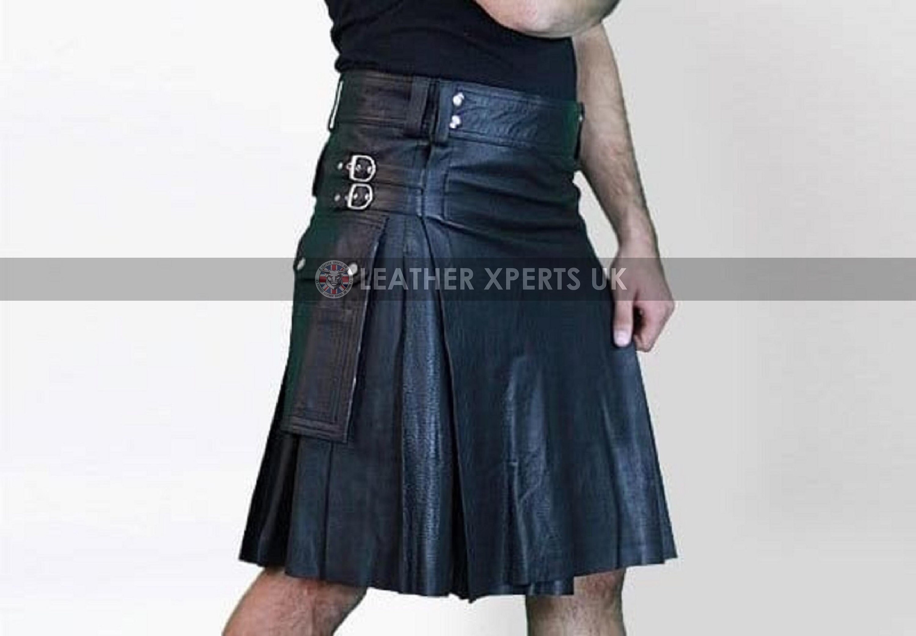Image of Mens Black Pu Leather Kilt With Flat Front & Cargo Pockets - Handmade Gladiator Kilt- Hand Crafted Faux Roman