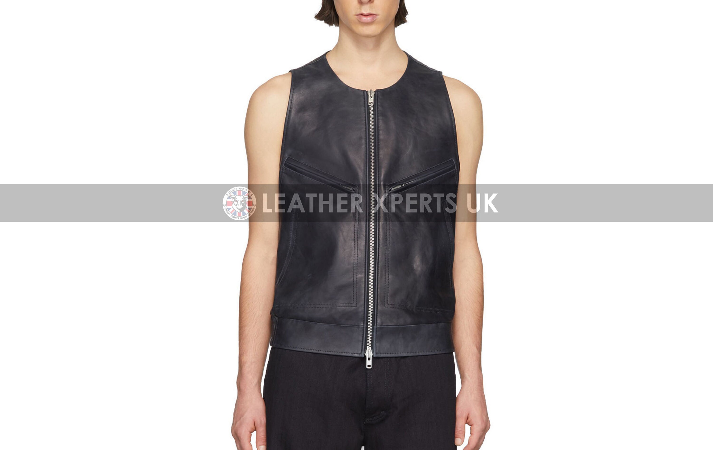 Image of Mens Faux Leather Zipper Motorcycle Vest - Hand Made Crew Neck Biker Motorbike Gift For Men