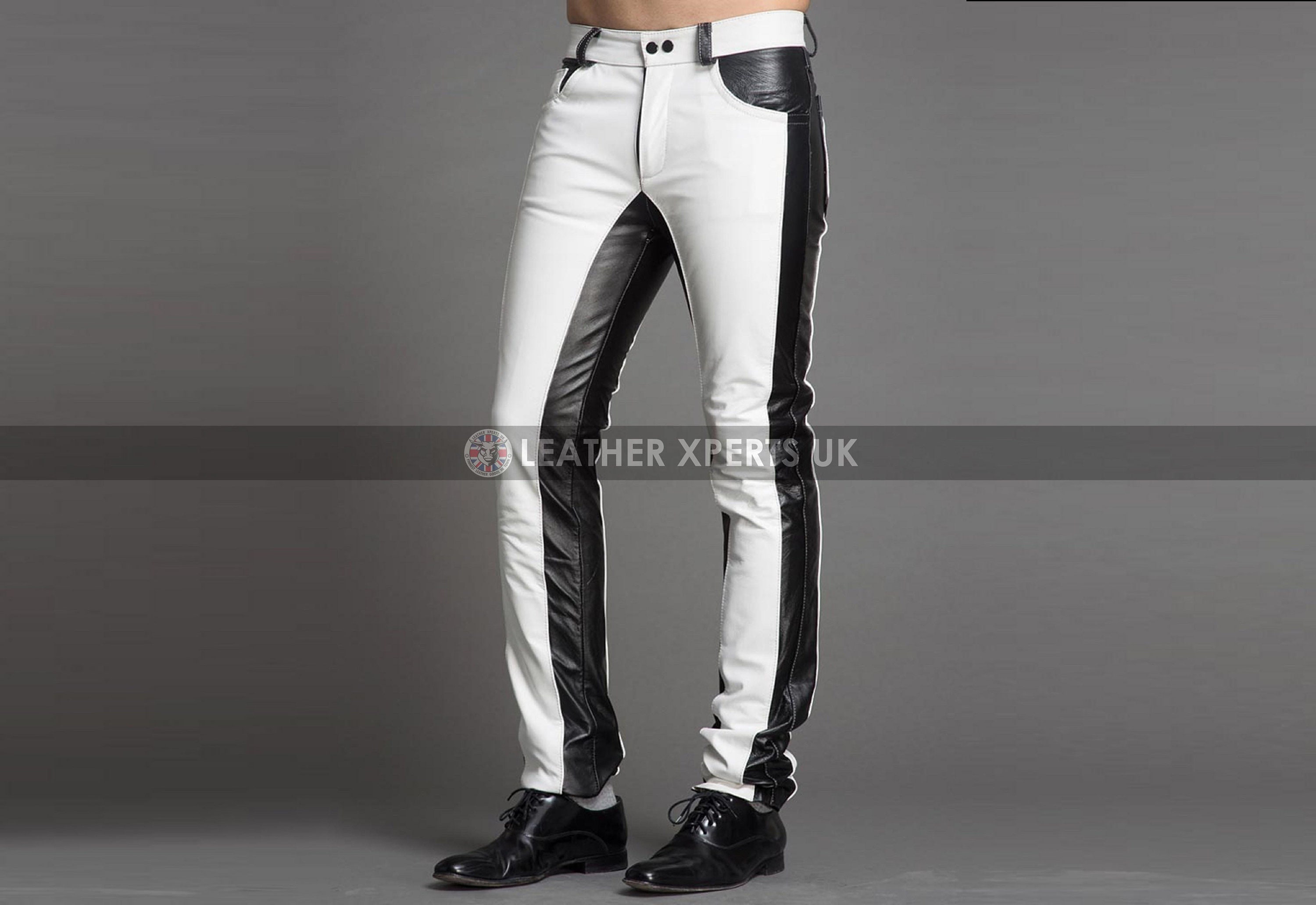 Image of Mens Pu Slim Fit Dual Color Leather Biker Pants - Black & White Motorcycle Trouser Handmade