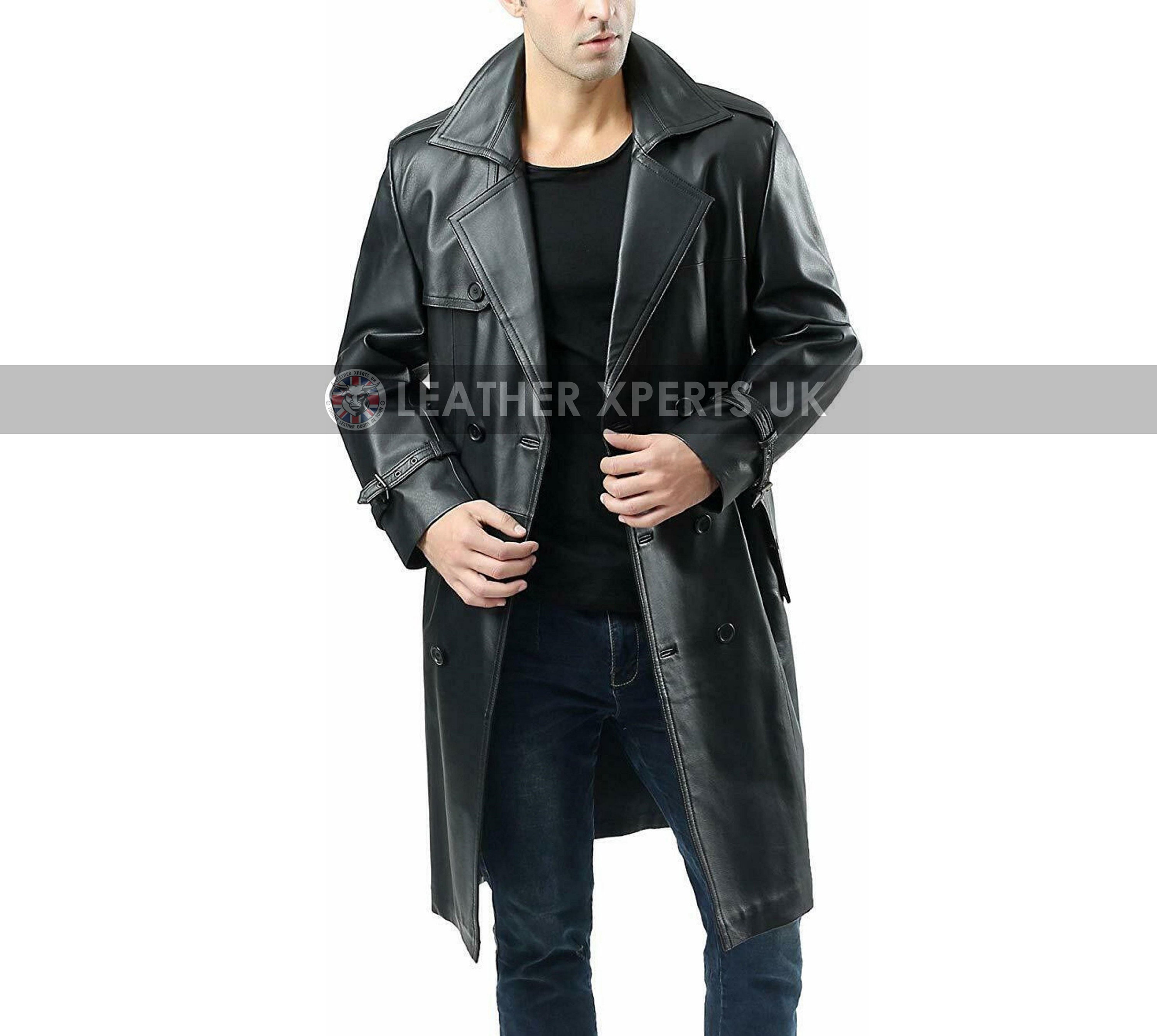 Image of Mens Pu Leather Long Coat - Hand Crafted Belted Black Full Length Trench Gift For Him Handmade Faux Overcoat