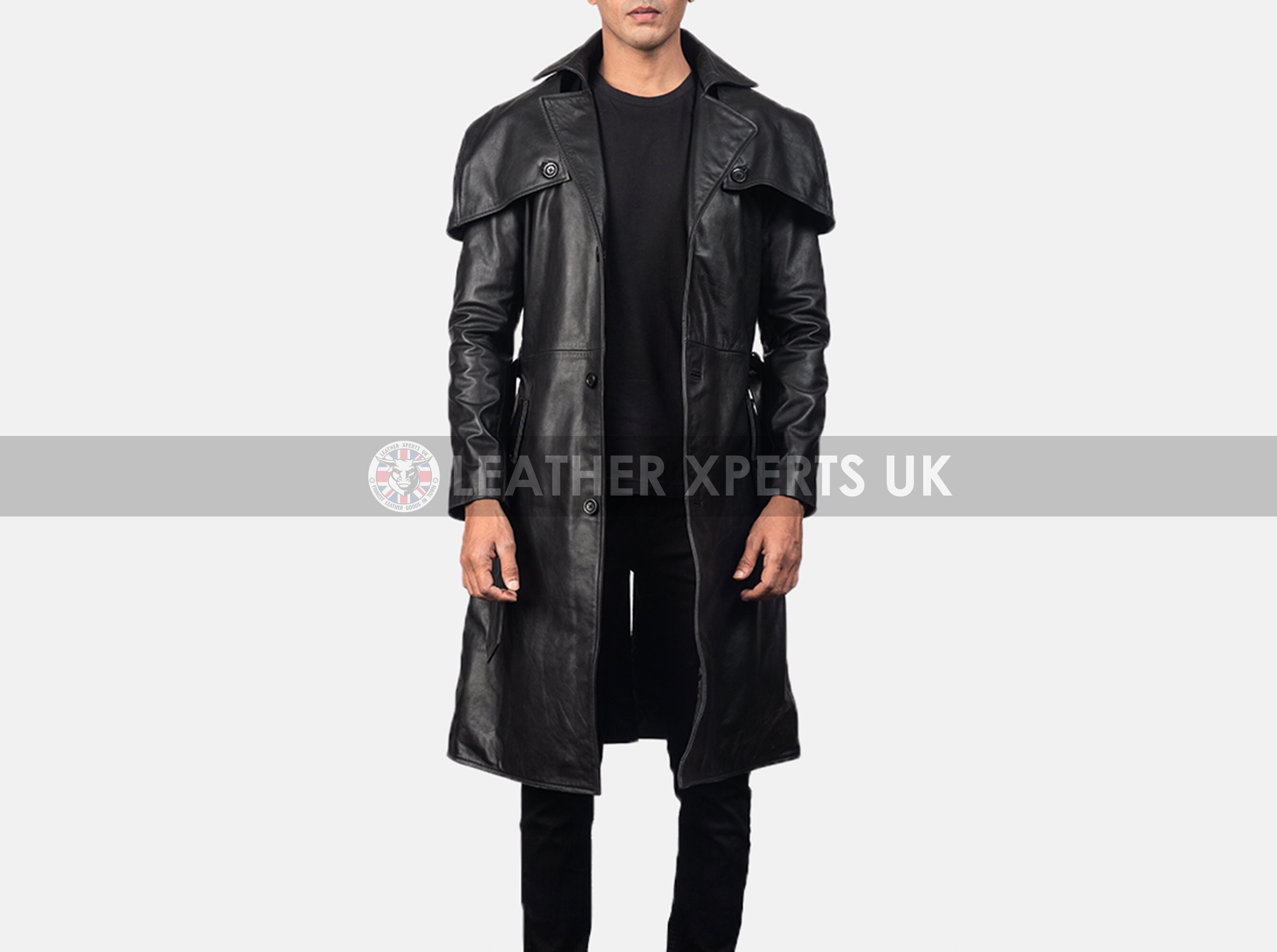 Image of Mens Pu Leather Gothic Long Coat - Hand Crafted Steampunk Outwear Jacket Made Faux Full Length Trench Costume