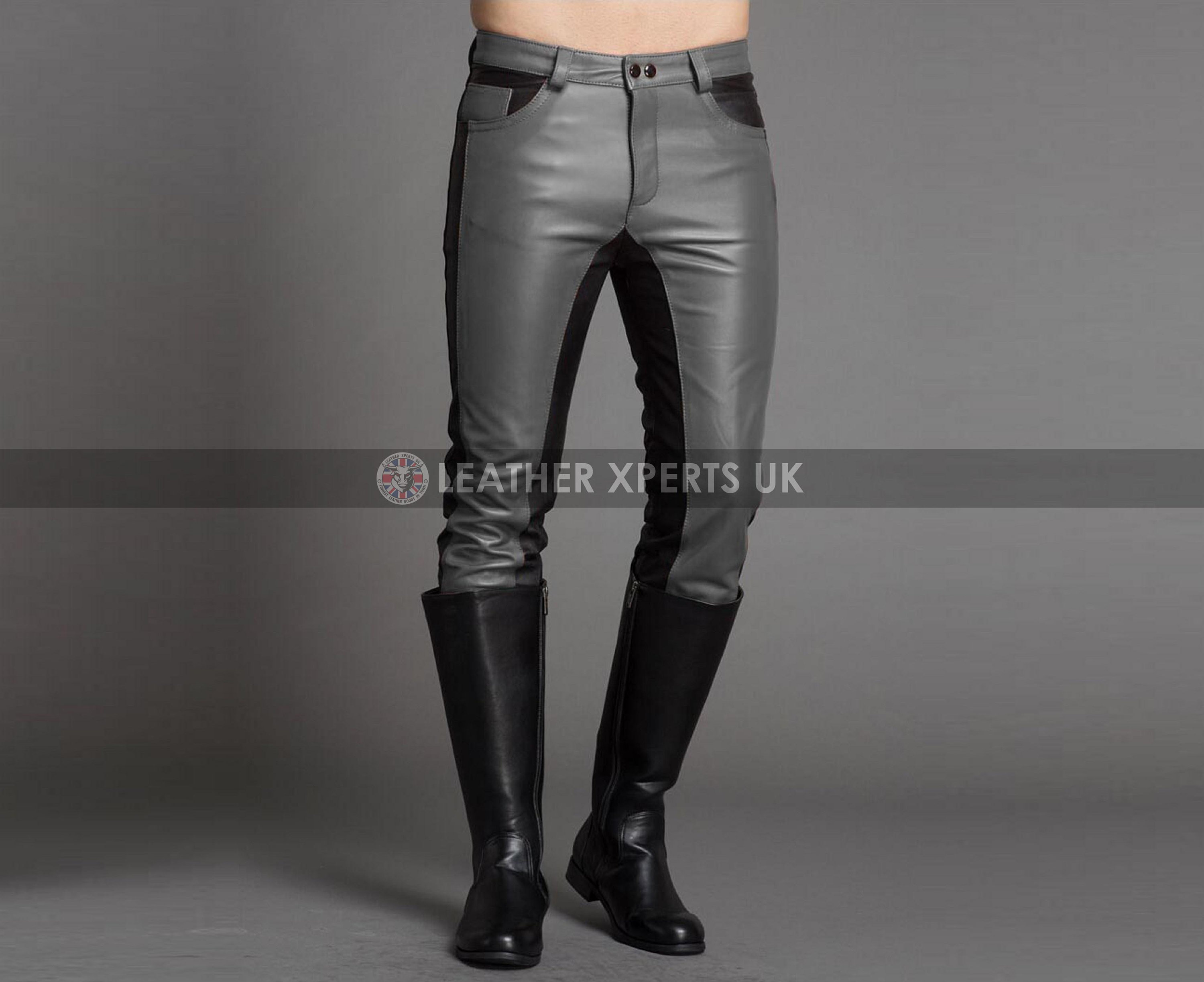 Image of Mens Pu Slim Fit Dual Color Leather Biker Pants - Black & Grey Motorcycle Trouser Handmade