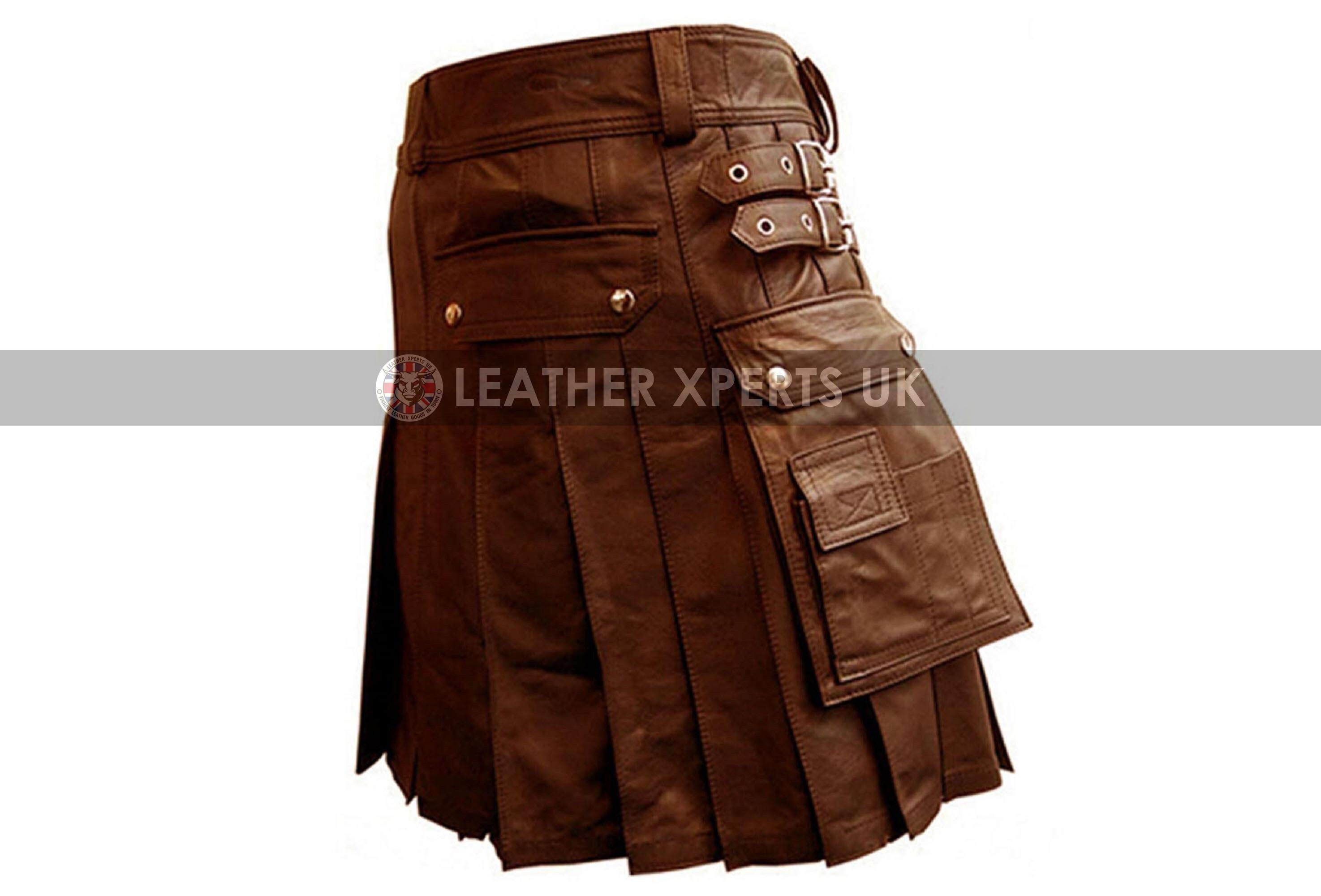 Image of Mens Brown Pu Leather Kilt With Cargo Pocket - Handmade Roman Gift For Him Hand Crafted Faux Wedding