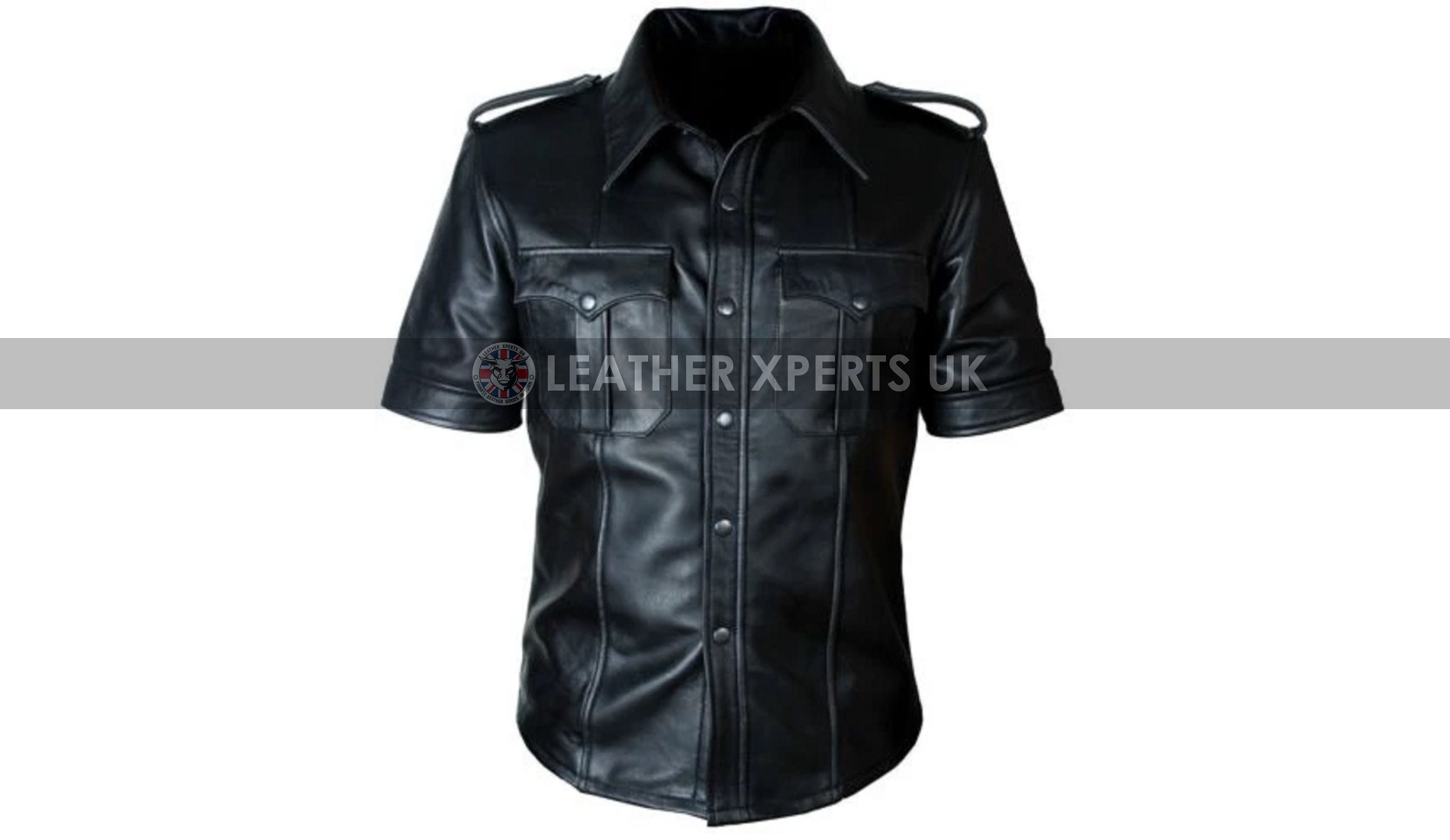 Image of Mens Black Faux Leather Police Shirt - Handmade T Gift For Men Uniform