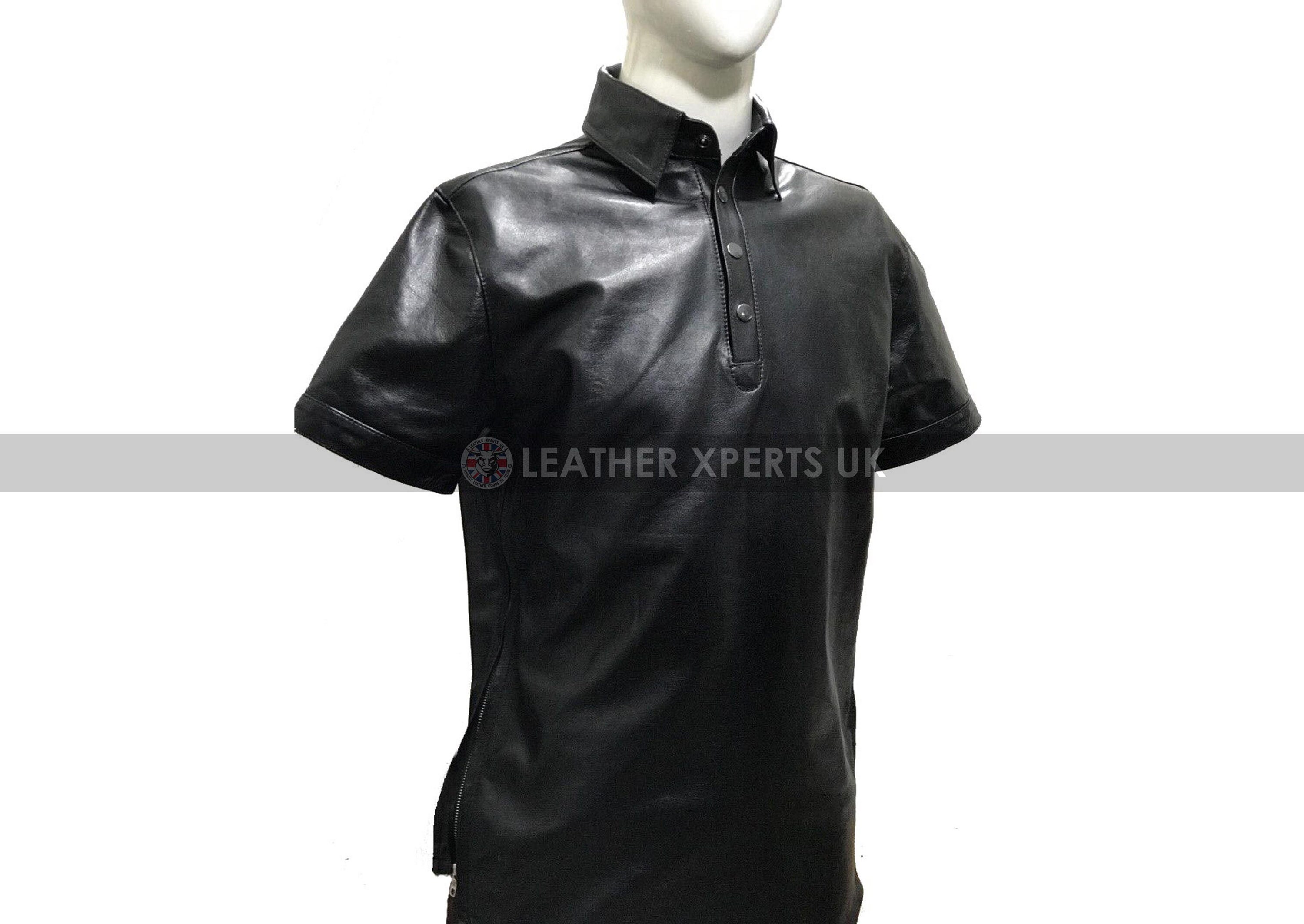 Image of Mens Black Faux Leather Side Zipper Shirt - Handmade Pu T Gift For Him Classic T-Shirt