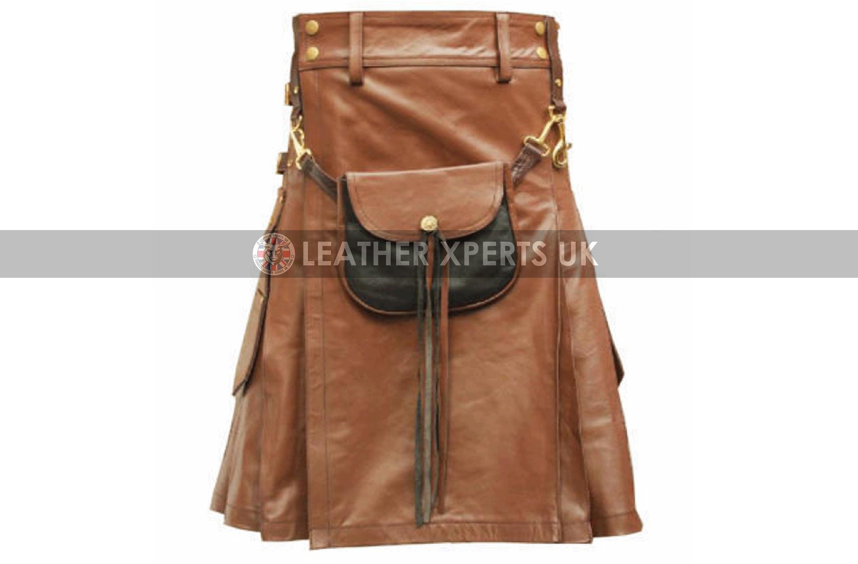 Image of Mens Brown Pu Leather Kilt With Flat Front & Sporran - Handmade Wrap Style Gift For Him Hand Crafted Faux Pride