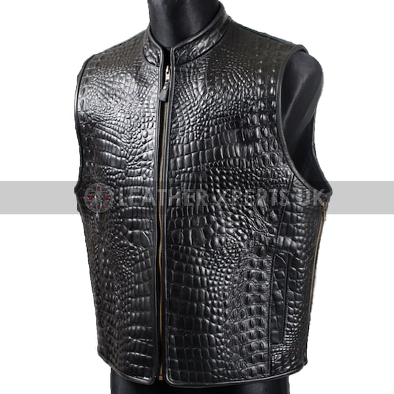 Mens Motorcycle Bikers Vest Brown Crocodile Print Leather Waistcoat Jacket