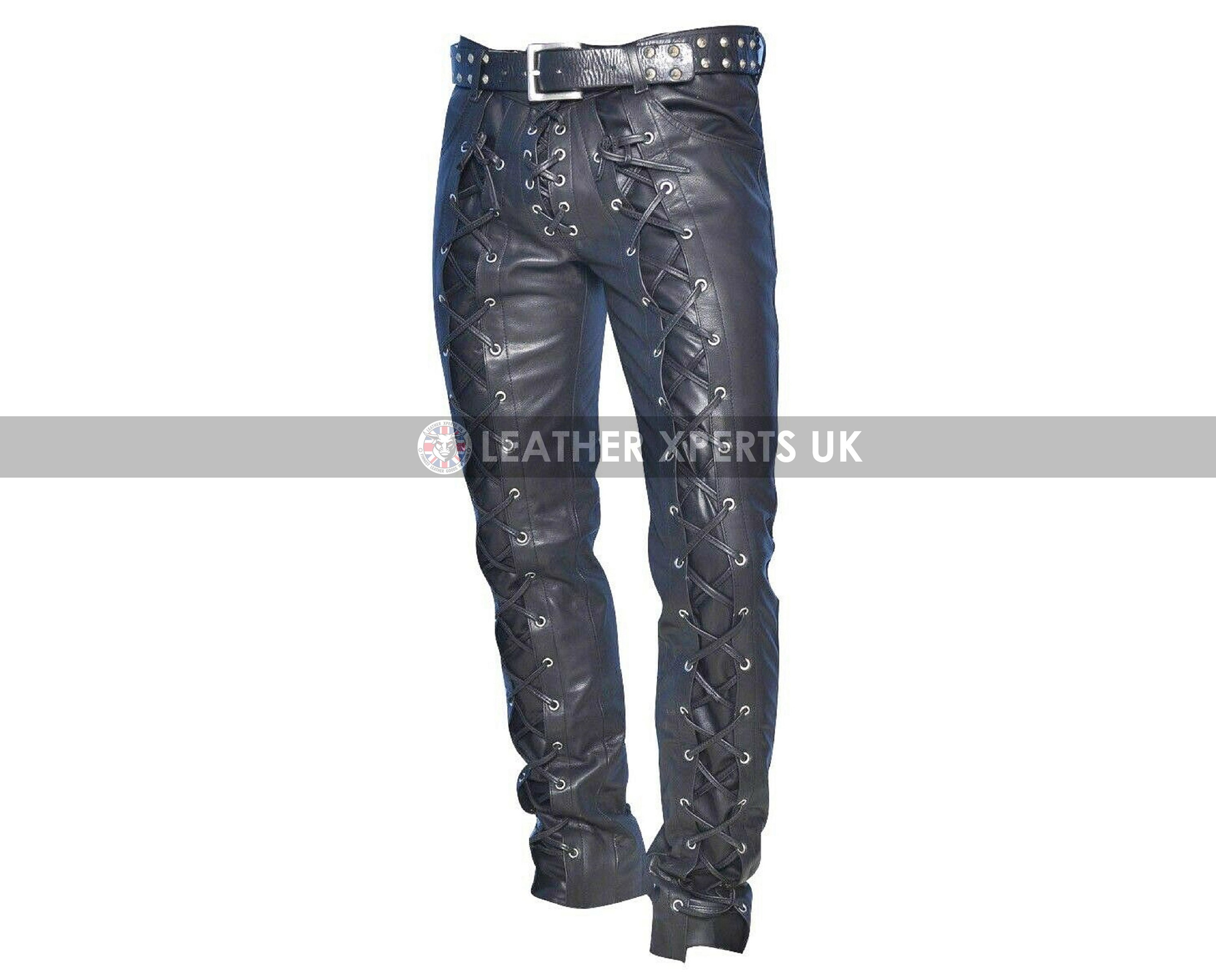 Image of Mens Pu Leather Full Laces Up Biker Pants - Handmade Cosplay Party Gift For Him Hand Crafted Faux Motorcycle Trouser