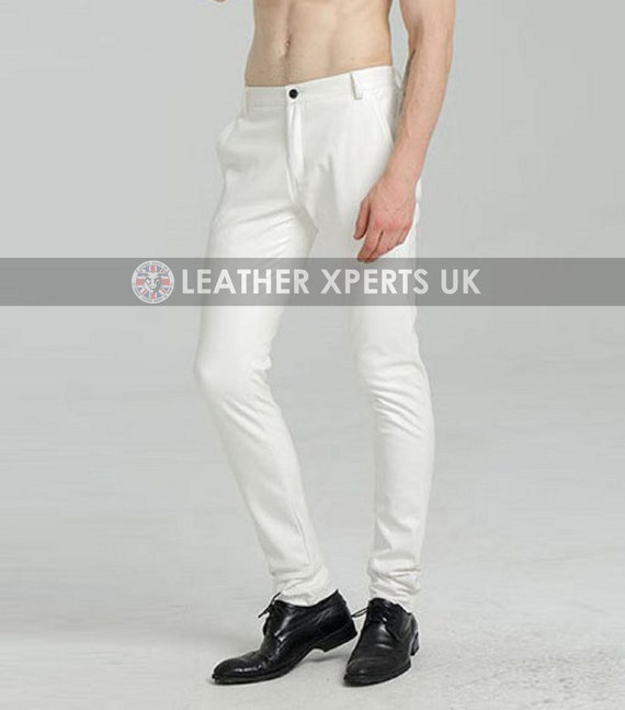 Mens White Faux Leather Biker Pants 