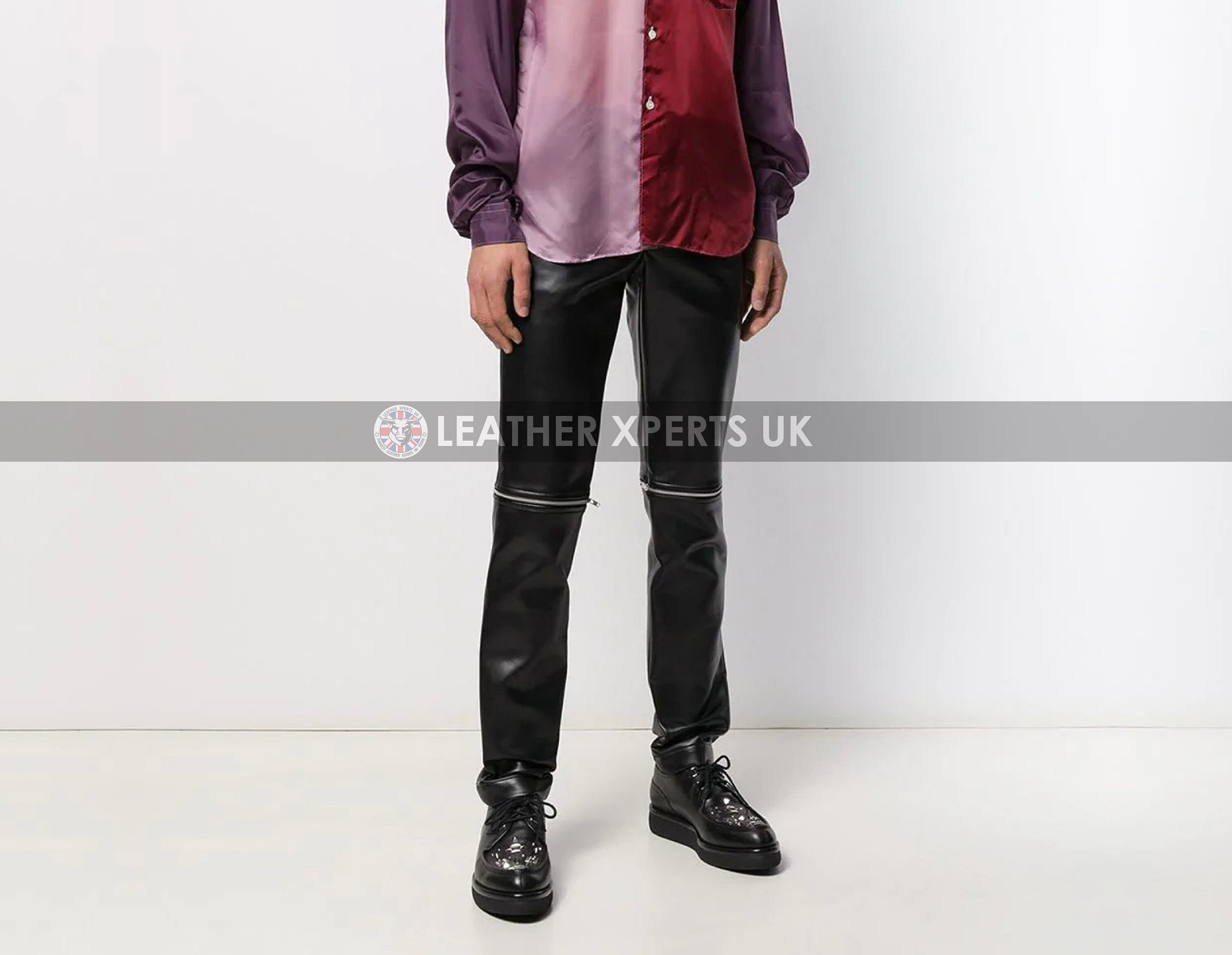 Image of Mens Faux Leather Zipped Trousers - Handmade Biker Pants Gift For Him Hand Crafted Motorcycle Pants