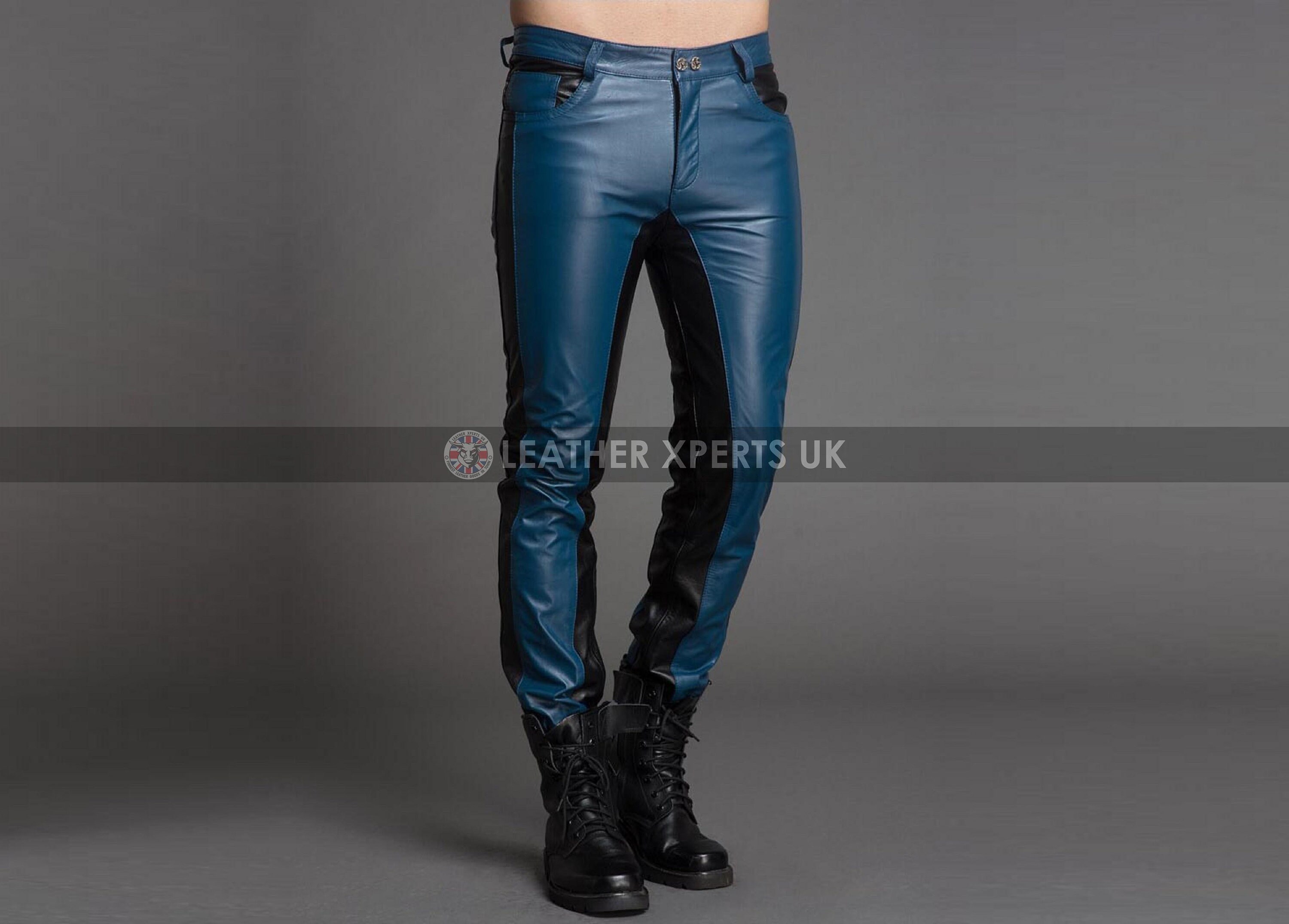 Image of Mens Pu Slim Fit Dual Color Leather Biker Pants - Black & Blue Motorcycle Trouser Handmade