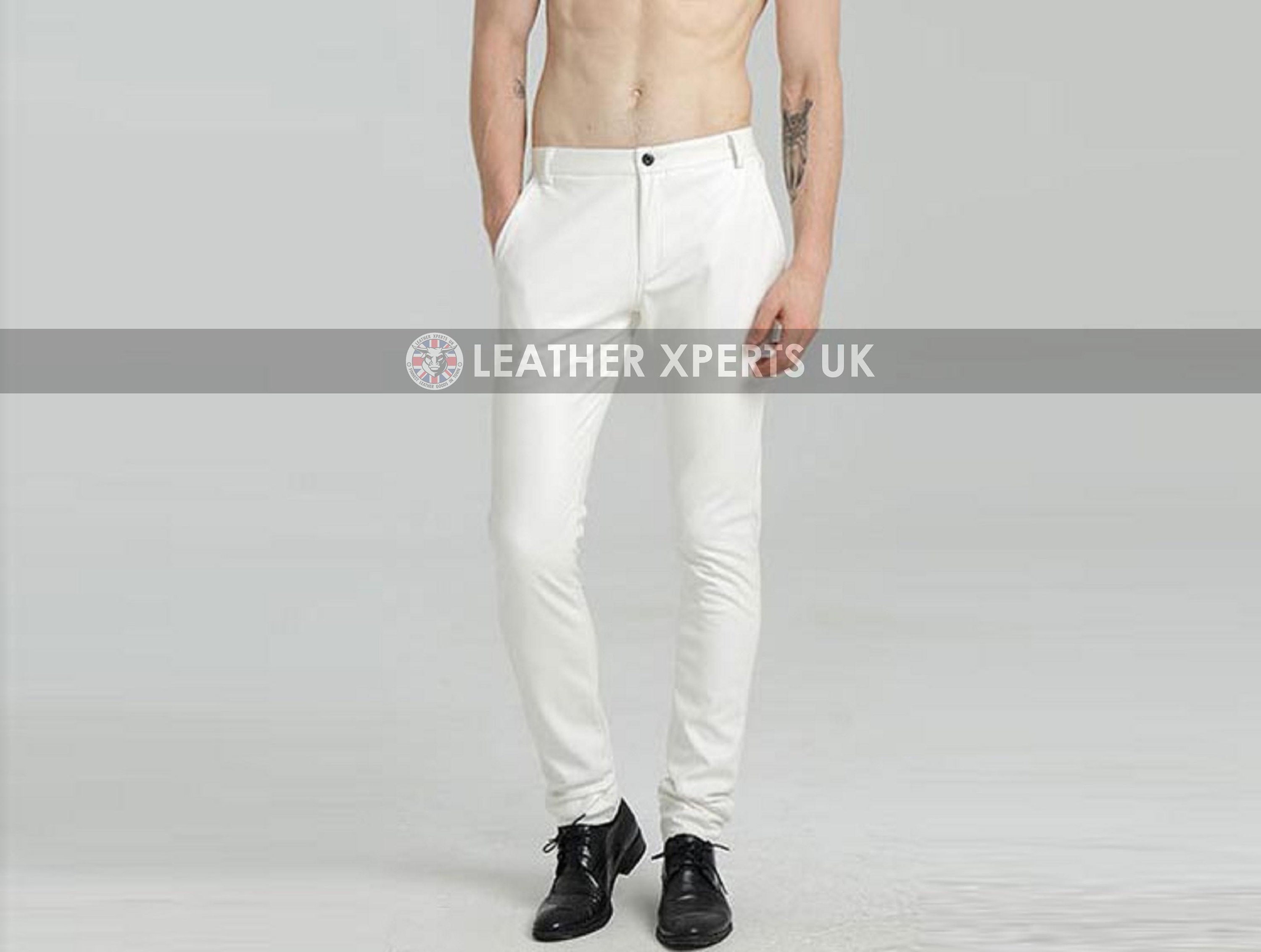 Image of Mens Pu Leather Handmade Biker Pants - White Motorcycle Trousers Gift For Him Faux Slim Fit Party