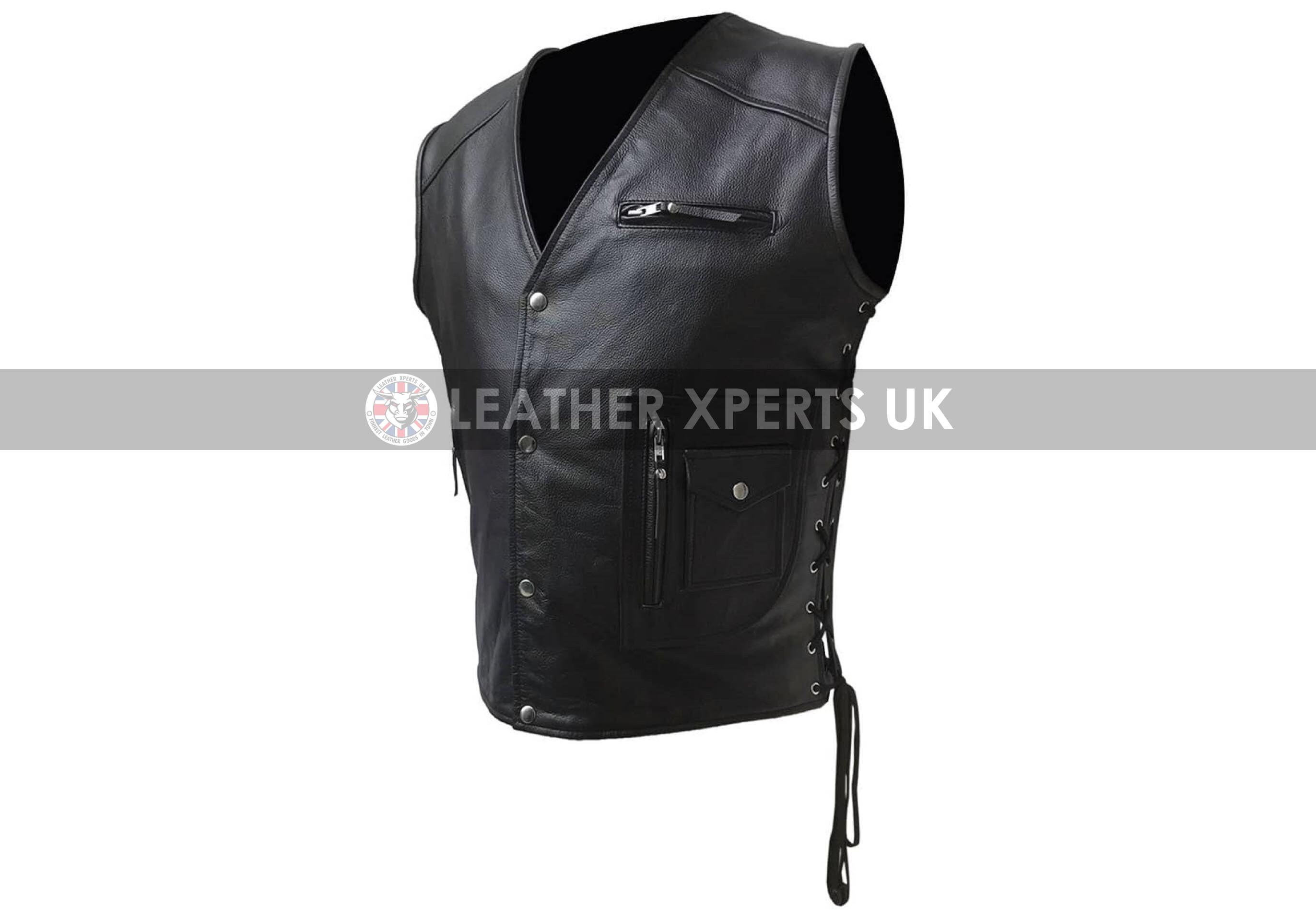 Image of Mens Pu Side Laces Leather Vest - Hand Made V Neck Biker Faux Motorcycle Gift For Him Pride Walk Waist Coat