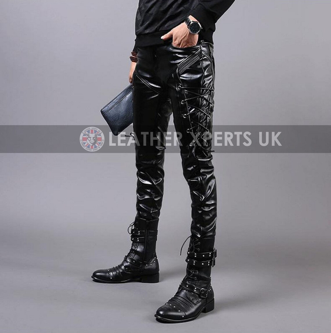 Mens Faux Leather Lace Up Pants Motorcycle Pants Gift for