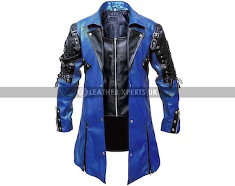 Mens Faux Leather Blue Gothic Coat - Handmade Steampunk Long Coat - Leather Trench Coat Gift for Him - Hand Crafted Gothic Coat For Mens