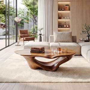 May include: A low-profile coffee table crafted from a single piece of polished dark brown wood with a natural, organic, free-form shape. The table features a hollow, sculptural base and a smooth, undulating surface that supports three stacked books.